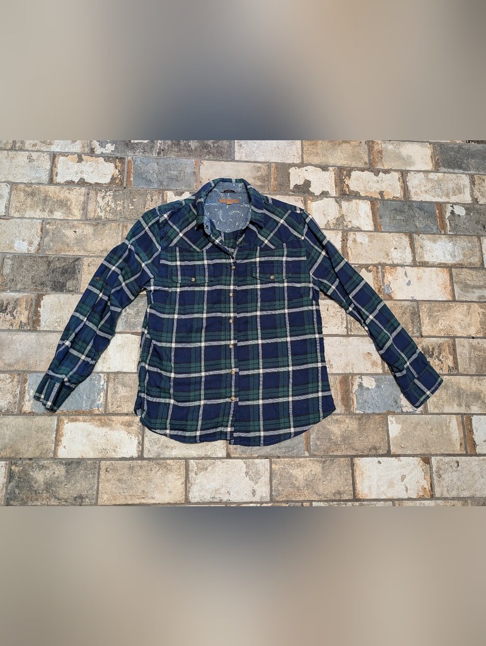 Jachs Girlfriend Navy & Green Plaid Pearl Snap Flannel Shirt - Women's Medium